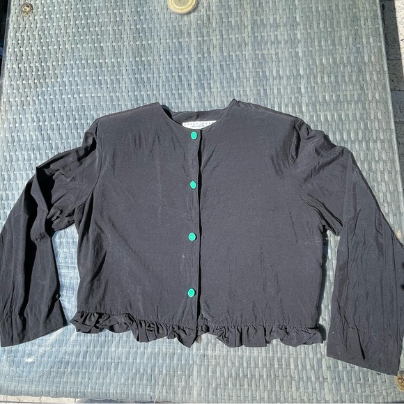 Holly Sharp vintage 90s black long sleeve ruffle top w/ shoulder pads, size 10 - Picture 1 of 5